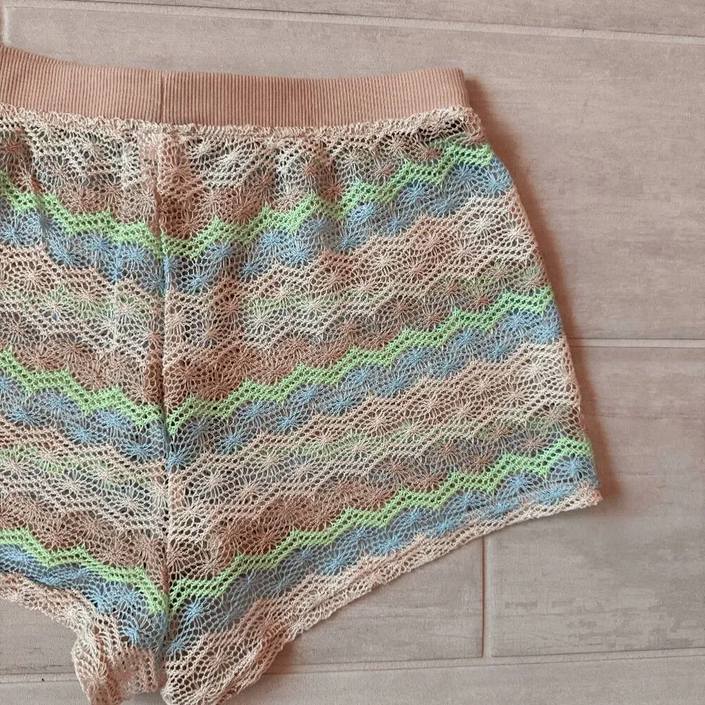 Wild Fable Crochet Cover Up Shorts Multi Striped Pastel Pull On Drawstring Small
